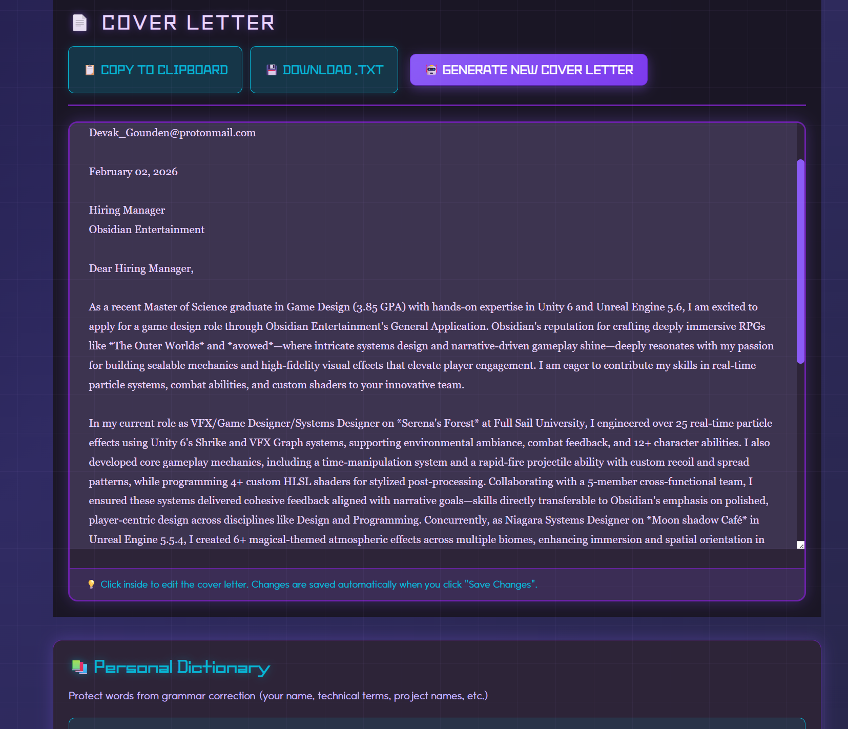 Cover Letter Generator Screenshot
